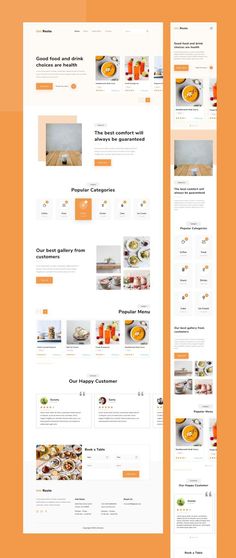 an orange and white website design with food items on the front, side by side