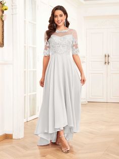 #color_Ivory Sheer Chiffon Dress For Prom Season, White Chiffon Dress For Banquet, Flowy Sheer Dress For Prom, Floor-length Chiffon Gown With Sheer Bodice, Fitted Chiffon Dress With Illusion Neckline For Wedding, Fitted Chiffon Wedding Dress With Illusion Neckline, Prom Chiffon Maxi Dress With Sheer Bodice, Flowy Chiffon Dress With Sheer Sleeves, Flowy Georgette Chiffon Dress For Wedding