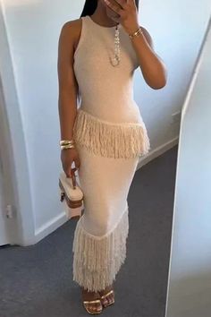 Elegant Fringed Trim O Neck Sleeveless Two Pieces Skirt 2 Piece Set, Womens Skirt Suits, Tassel Skirt, Middle Age Fashion, Woman Silhouette, Loose Outfit, Chic Outfit, Summer Fabrics