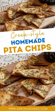 homemade pita chips on a cutting board with text overlay that reads, cheese - style homemade pita chips