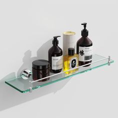 a shelf with soap, lotion and hand sanitizers on it