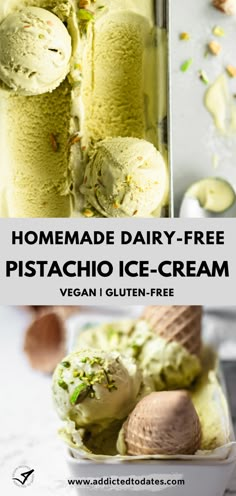 homemade dairy - free pistachio ice - cream in a container with text overlay