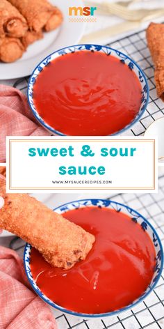 sweet and sour sauce in two blue plates with dipping sauce on the side, next to fried chicken nuggets