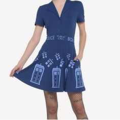 Hot Topic Doctor Who Her Universe Mini Dress Nwt Small Pit To Pit About 18" Length About 34" Soft And Stretchy, 95% Polyester 5% Spandex Button Front Retro Design Front Side Pockets Casual Blue Elastane Dresses, Her Universe, Retro Design, Hot Topic, Doctor Who, Universe, Spandex, Mini Dress, Womens Dresses