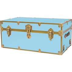 a light blue trunk with gold trimmings on the bottom and handles is shown