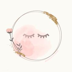 a pink and gold circle with eyelashes on it's face next to a flower