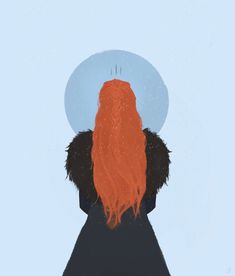 the back of a woman's head with long red hair and a halo above her head