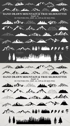 the mountain and tree silhouettes are shown in black and white, with different colors