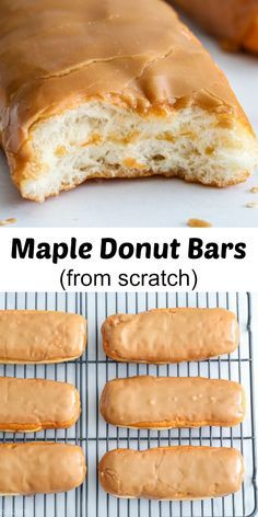 maple donut bars on a cooling rack with the words maple donut bars from scratch