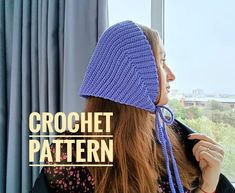 a woman wearing a blue crochet hat with the words crochet pattern on it