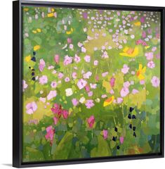 an abstract painting of flowers on a green background