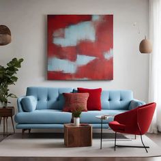 a living room filled with furniture and a painting on the wall