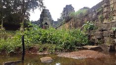 a small pond in front of some ruins