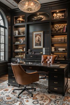 an elegant home office with built in bookcases and leather chairs, along with a chandelier hanging from the ceiling