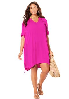 The easy, breezy Abigail Cover Up Tunic is a beach bag must-have! With a relaxed fit and lightweight fabric, this cover up is the perfect throw-on-and-go style for the beach to the boardwalk to poolside happy hour. Versatile roll-up sleeves and side ties let you adjust the look to suit your mood. Wear over all of your favorite swimsuits. V-neckAdjustable side tiesVersatile roll-up sleeves secure with a button 100% RayonHand wash with mild soap. Hang dry; avoid dryer.Imported Relaxed fit38" Front High Neck Swim Top, Halter Swim Top, Matching Swimwear, Fruit Punch, Pink Swimsuit, Tankini Set, Swimsuits For All, Easy Breezy, Roll Up Sleeves