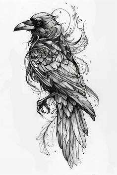 a black and white drawing of a bird with feathers on it's back legs