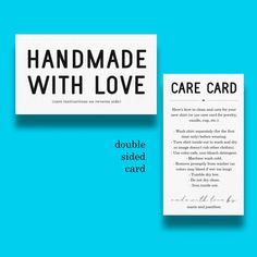 two cards with the words handmade with love written in black and white on them