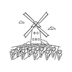 a black and white drawing of a windmill