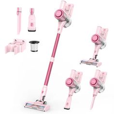 four different types of pink and silver vacuums with attachments on each one side