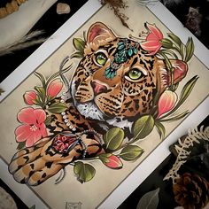 a painting of a leopard with flowers on it's head and eyes, surrounded by feathers