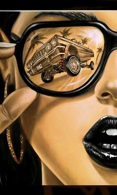 a woman's face is reflected in a pair of glasses with an image of a car on it