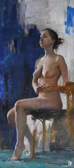 a painting of a naked woman sitting on a chair in front of a blue background