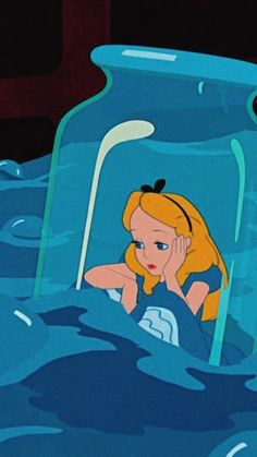 an animated image of a woman in a glass jar floating on water with her hand to her face