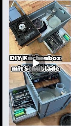 there are two pictures showing the inside of a tool box with tools in it and an open drawer