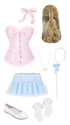 the doll is wearing a pink corset and blue skirt with white shoes on it