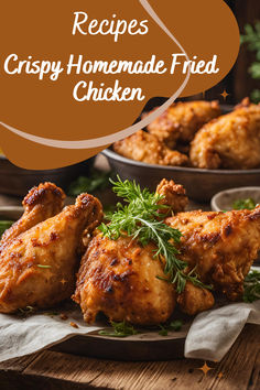 crispy homemade fried chicken with herbs on the side