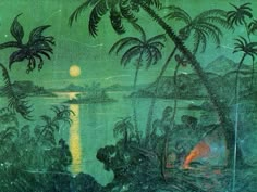 an image of a painting with palm trees and water in the background at night time