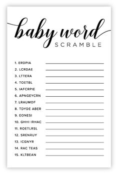 the baby word scramble game is shown in black and white, with handwritten words