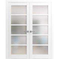 two white doors with frosted glass on each side and one door open to the other