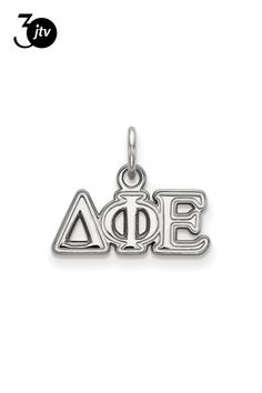 Rhodium over sterling silver polished Delta Phi Epsilon sorority Greek letters extra small pendant from LogoArt. Measures approximately 1/2"L x 5/8"W. Delta Phi Epsilon, Greek Letters, Small Pendant, Sorority, Sterling Silver, Pendant, Silver