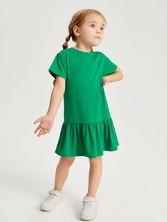 Young Girl Toddler Girls Solid Ruffle Hem Dress Green Cute  Short Sleeve Fabric Plain Smock Slight Stretch Summer Young Girls Clothing, size features are:Bust: ,Length: ,Sleeve Length: Jersey Dress Girl, Green Cute, Kids Dress Wear, Plain Dress, Girl Toddler, Ruffle Hem Dress, Dropwaist Dress, Toddler Girl Dresses, Toddler Girl Outfits