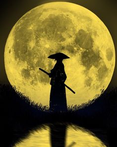 a person holding an umbrella standing in front of a full moon with the water reflecting it's surface