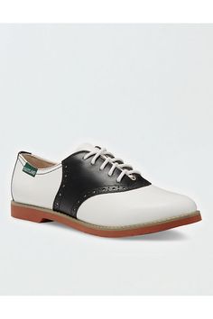 Soft leather upper with two-tone design featuring a perforated leather overlay/Eastland Exclusive Active Memory Foam comfort insole supports and conforms to the curves of your foot/Super-lightweight rubber outsole delivers great comfort and durabilit Classic Oxfords With Rubber Sole And Synthetic Material, Classic Golf Shoes With Rubber Sole And Round Toe, Synthetic Golf Shoes With Rubber Sole And Round Toe, Womens Oxford Shoes, Womens Saddle Shoes, Saddle Oxford Shoes, Saddle Oxfords, Oxford Shoe, Saddle Shoes