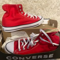 Converse All-Star Hightops. Color Red Men’s Size 9 Women’s/11 Brand New Inbox. Casual University Red Sneakers, Casual Red Cotton Sneakers, Red Cotton Converse Sneakers, Brown Leather Converse, Converse White High, Red Sneakers Men, White All Star, Chuck Taylor 70, Leather Converse