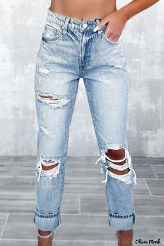 Color: Sky Blue Light Wash Frayed Slim Fit High Waist Jeans, Size: 6 Women's Bottoms, Jeans Material, Pencil Pants, Waist Jeans, Edgy Look, Look Vintage, Type Of Pants, Light Wash Jeans, Slim Waist