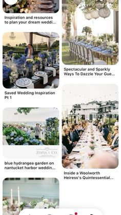 an image of a table with blue and white flowers on it, surrounded by other pictures