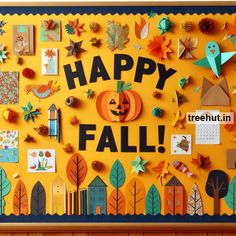 a happy fall bulletin board with paper decorations