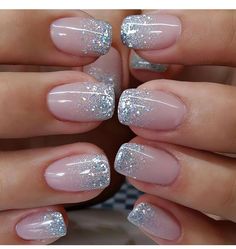 Pretty Nail Art Designs For Wedding, Cute Nails For The Holidays, Silver Manicure Glitter, Fall Nails With Sparkle Accent, Ombre French Tip Nails Sparkle, White Nails With Red Sparkle, Short Nails Inspiration Winter 2024, Winter Nails With Black, Glitter White Tip Nails