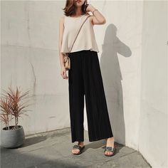 FREE SHIPPING !! High Waist Pleated Chiffon Wide Leg Trousers JKP663 Pleated Black Wide Leg Pants For Summer, Black Pleated Wide Leg Pants For Summer, Non-stretch Pleated Pants For Summer, Casual Pleated Chiffon Bottoms, Casual Pleated Summer Pants, Casual Summer Pleated Pants, Summer Pleated Chiffon Bottoms, Spring Chiffon Bottoms For Day Out, Casual Stretch Chiffon Bottoms