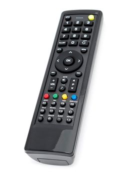 a black remote control sitting on top of a white table