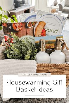 Housewarming Gift Ideas for Couple: New Home Gift Basket - Sunday Mimosas Housewarming Gift Basket Ideas, New Home Gift Basket, Best Housewarming Gift Ideas, Home Gift Basket, Couple New Home, Housewarming Basket, Thoughtful Gifts For Boyfriend, Housewarming Gift Basket, Gifts For New Homeowners