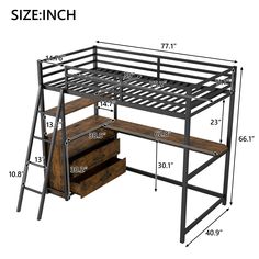 Description: Transform your child's room with this stylish Twin Size Metal & Wood Loft Bed. This versatile piece features a sleek design that complements any decor, combining modern aesthetics with practical functionality. Bed Frame With Shelves, Loft Bed Metal, Metal Wood Bed, Upholstered Full Bed, Desk And Shelves, Desk And Storage, Place To Study, Wood Loft Bed, Bed Stairs