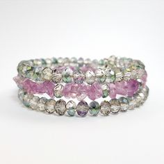 Beautiful Bracelet With Pink Quartz And Tornasol Crystal. It's Made With Memory Wire So It Will Fit Any Adult Wrist. Different Color Combinations, Denim Bracelet, Memorial Bracelet, Memory Wire Bracelet, Memory Wire Bracelets, Natural Stone Bracelets, Soft Purple, Unique Handmade Jewelry, Wire Bracelet