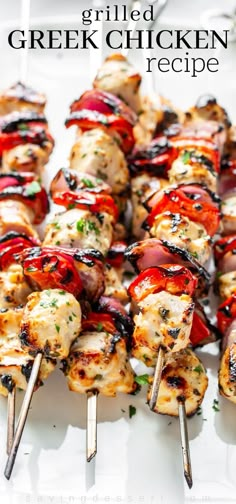 grilled chicken and tomato kabobs on skewers with text overlay