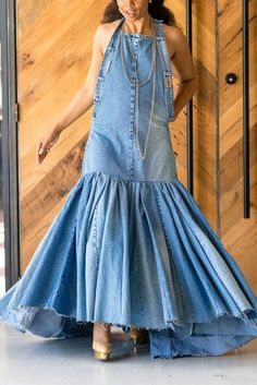 🔍Blue Daily Denim Ruffles Halter Maxi Dress Denim Long Dress, Mermaid Maxi Dress, Jean Dresses, Streetwear Dress, Robes D'occasion, Formal Occasion Dress, Denim Maxi Dress, Denim Patterns, Denim Diy