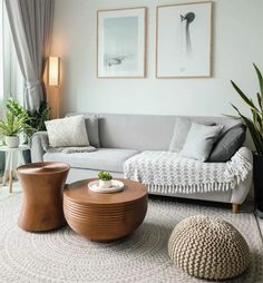 a living room filled with lots of furniture next to a wall mounted planter and two pictures on the wall